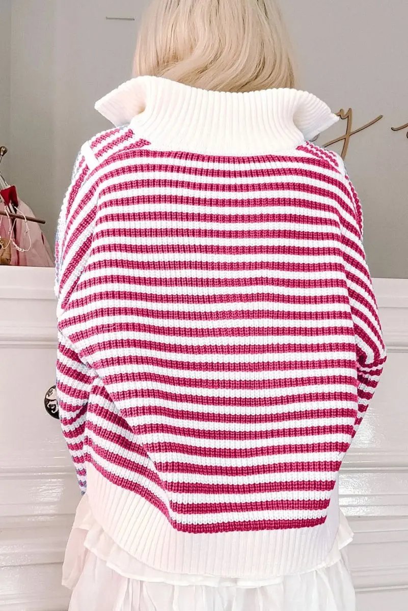 Trendy Pink Striped Zip-Up High Neck Sweater with Drop Shoulders - Love Salve
